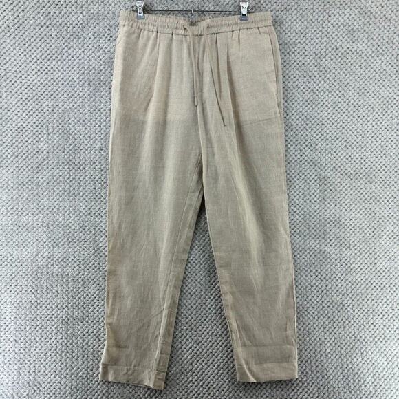 ZARA Pants Women M Khaki Beige Linen Straight Leg High Rise PullOn Elastic Waist - Picture 1 of 15